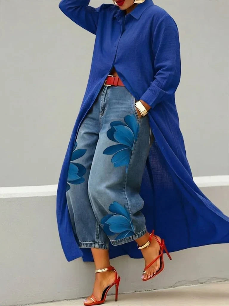 AILÍNN | BREATHABLE LINEN SHIRT DRESS & FLORAL JEANS SET