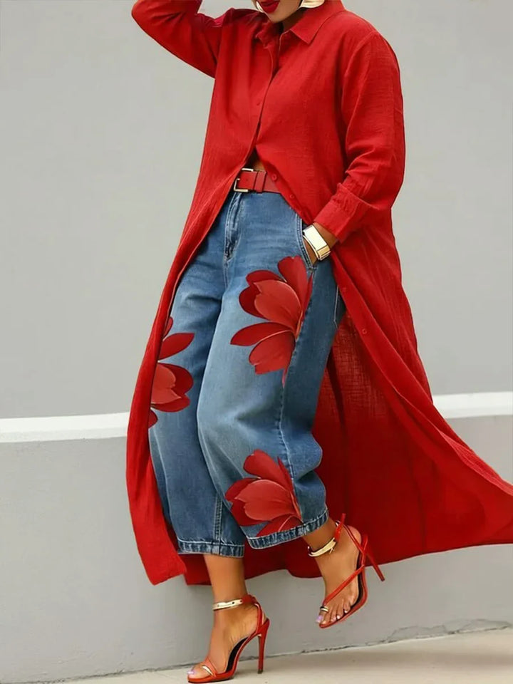AILÍNN | BREATHABLE LINEN SHIRT DRESS & FLORAL JEANS SET