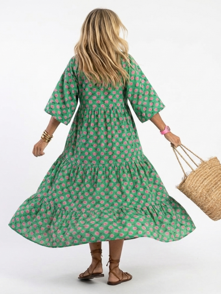 SIOBHAN | FLORAL PRINT V-NECK TIERED MIDI DRESS