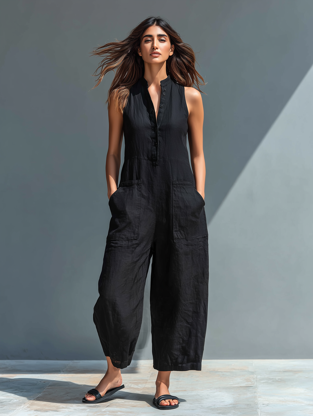 RÉALTÍN | SLEEVELESS LINEN BLEND DUNGAREE JUMPSUIT