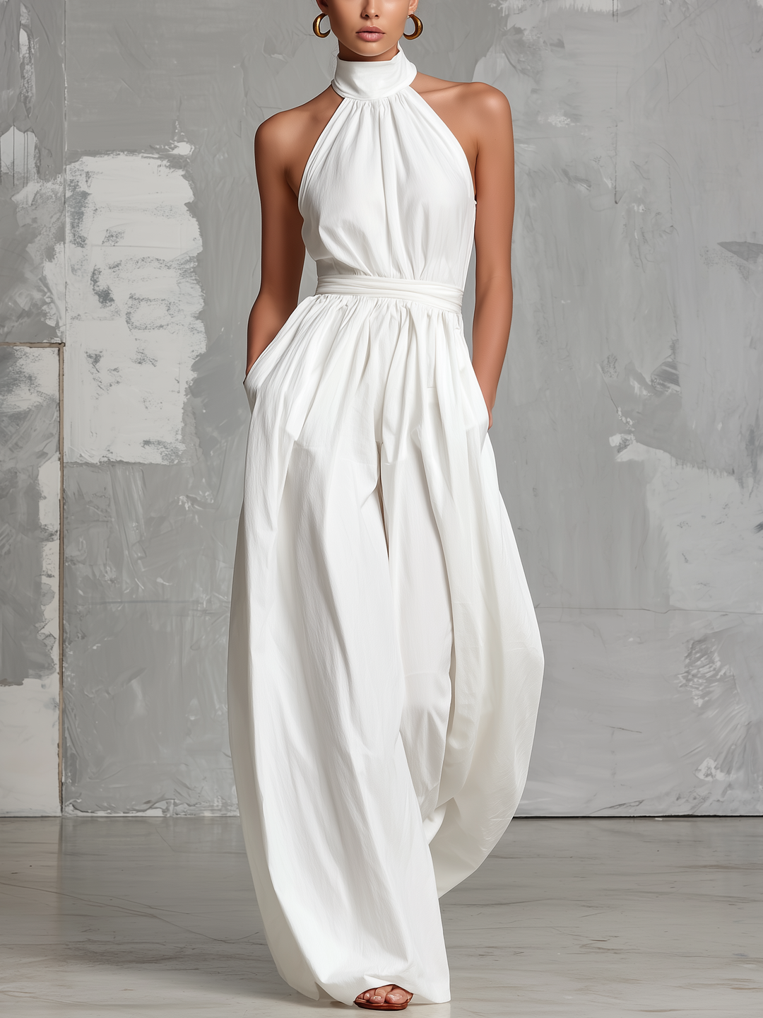 DELPHINE | ELEGANT HALTER-NECK WOVEN JUMPSUIT