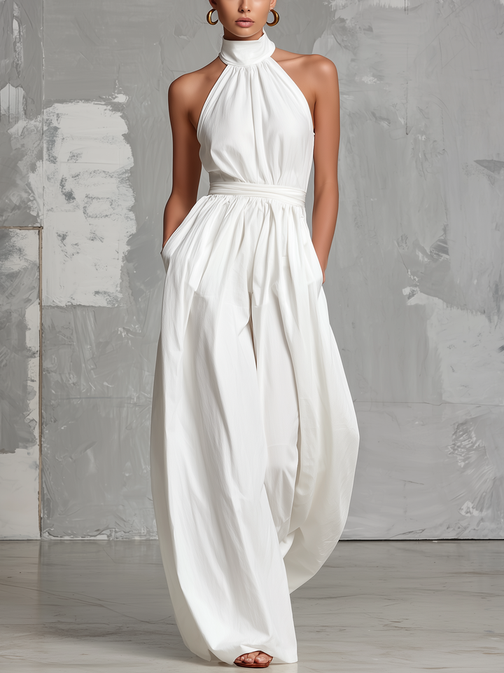DELPHINE | ELEGANT HALTER-NECK WOVEN JUMPSUIT