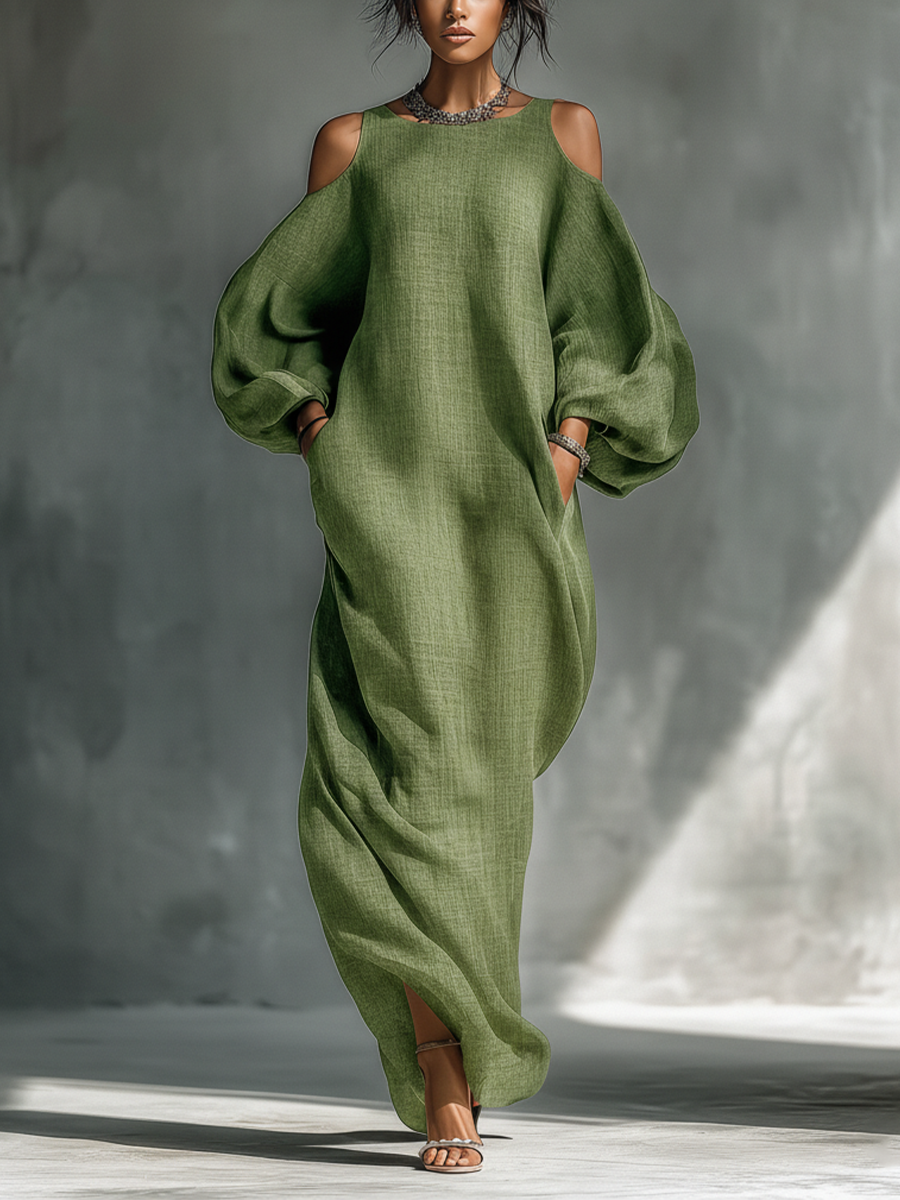 CLODAGH | FLOWING COLD-SHOULDER MAXI DRESS WITH PUFF SLEEVES