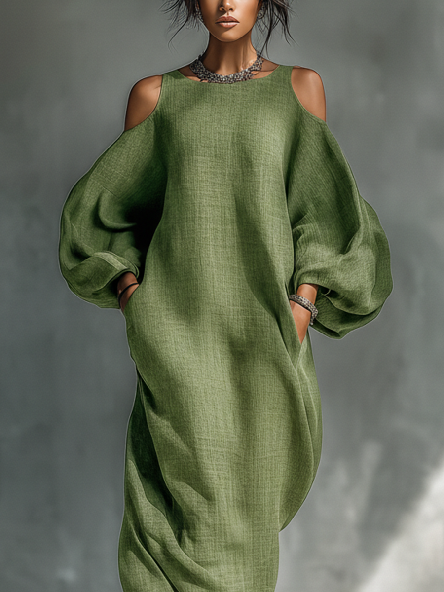 CLODAGH | FLOWING COLD-SHOULDER MAXI DRESS WITH PUFF SLEEVES