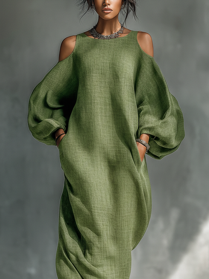 CLODAGH | FLOWING COLD-SHOULDER MAXI DRESS WITH PUFF SLEEVES