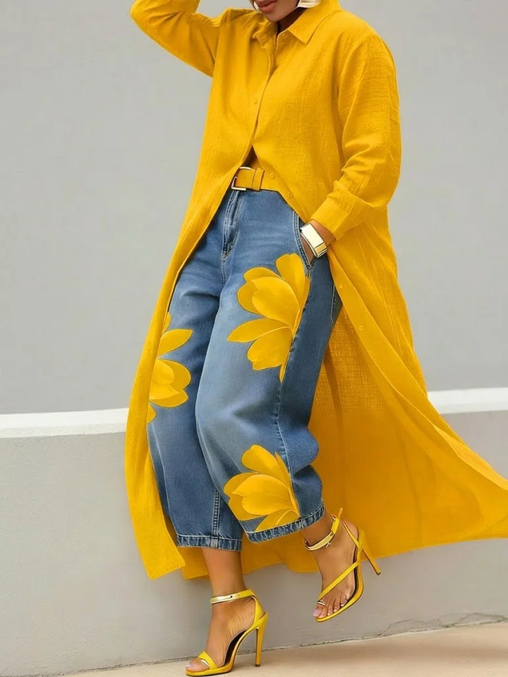AILÍNN | BREATHABLE LINEN SHIRT DRESS & FLORAL JEANS SET