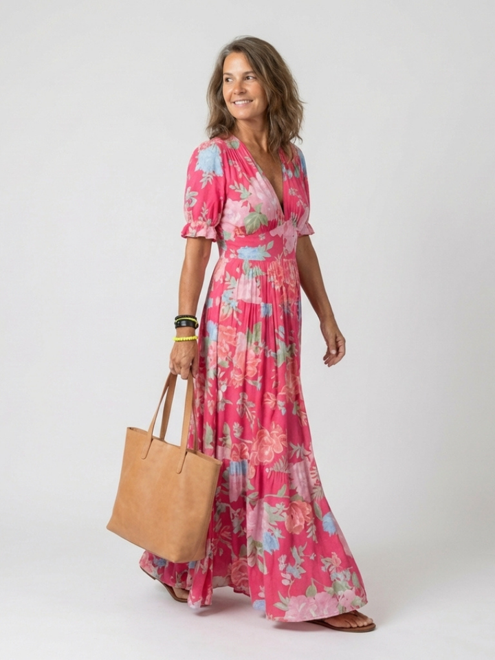 EILEEN | SHORT SLEEVE V NECK FLORAL MIDI DRESS