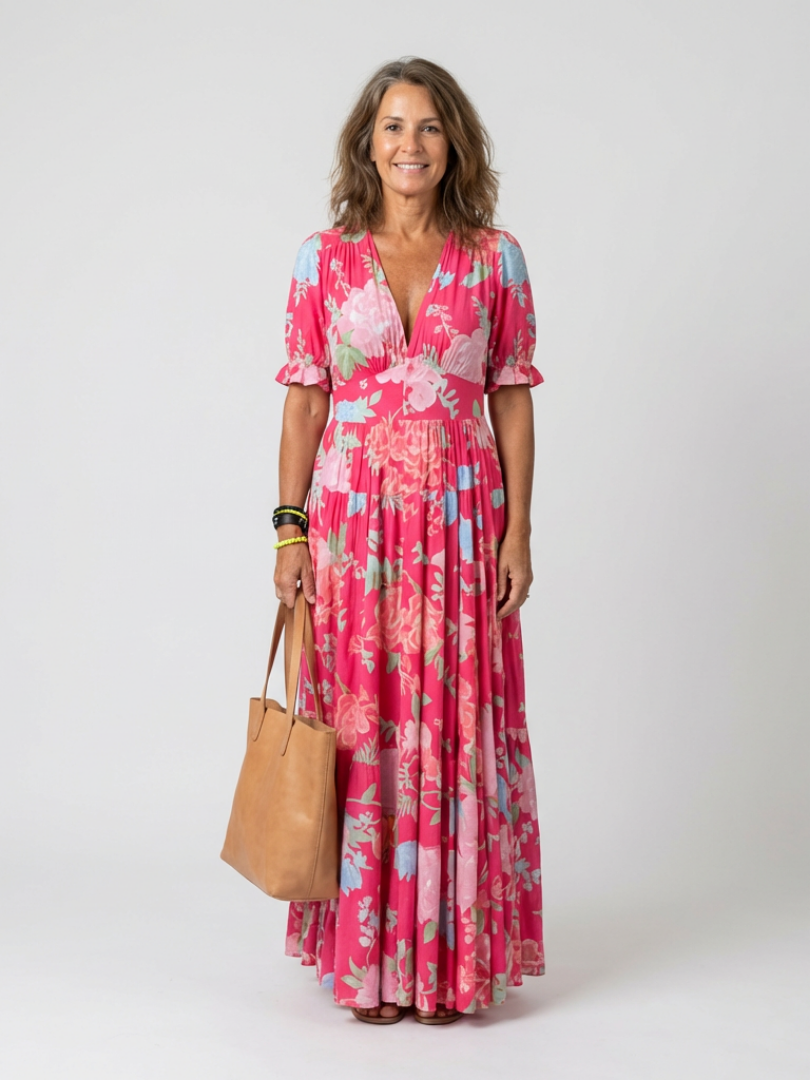 EILEEN | SHORT SLEEVE V NECK FLORAL MIDI DRESS