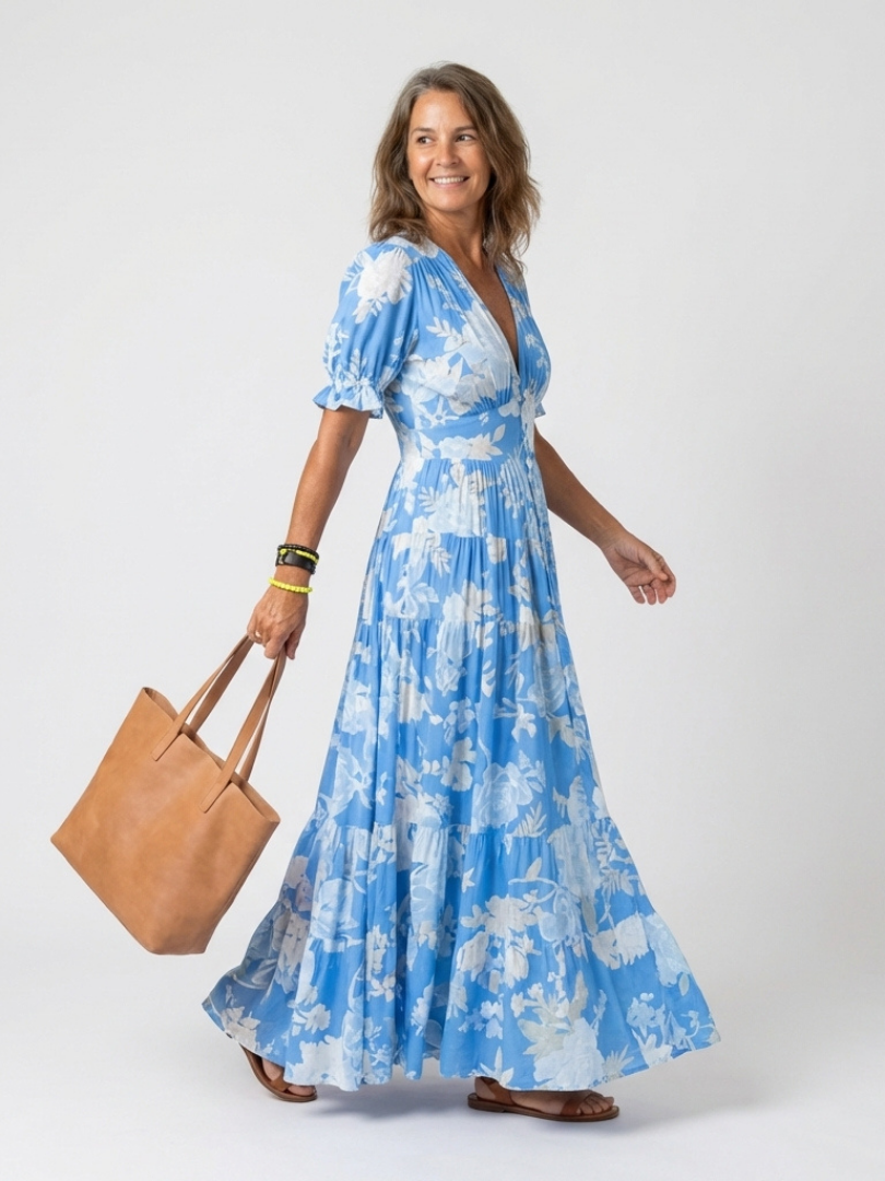 EILEEN | SHORT SLEEVE V NECK FLORAL MIDI DRESS