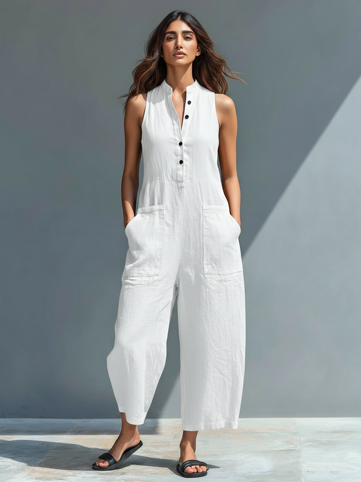 RÉALTÍN | SLEEVELESS LINEN BLEND DUNGAREE JUMPSUIT