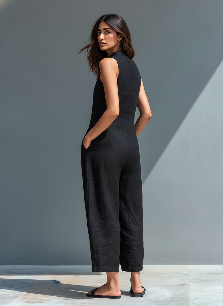 RÉALTÍN | SLEEVELESS LINEN BLEND DUNGAREE JUMPSUIT