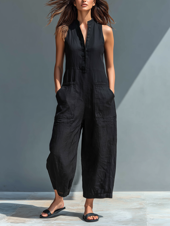 RÉALTÍN | SLEEVELESS LINEN BLEND DUNGAREE JUMPSUIT