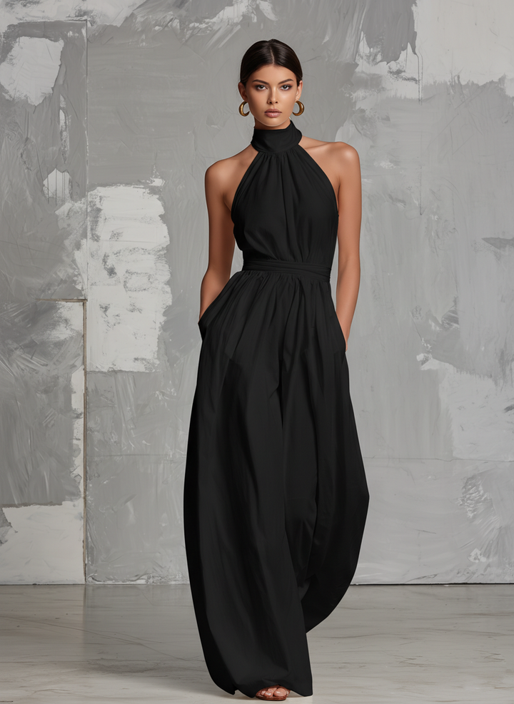 DELPHINE | ELEGANT HALTER-NECK WOVEN JUMPSUIT