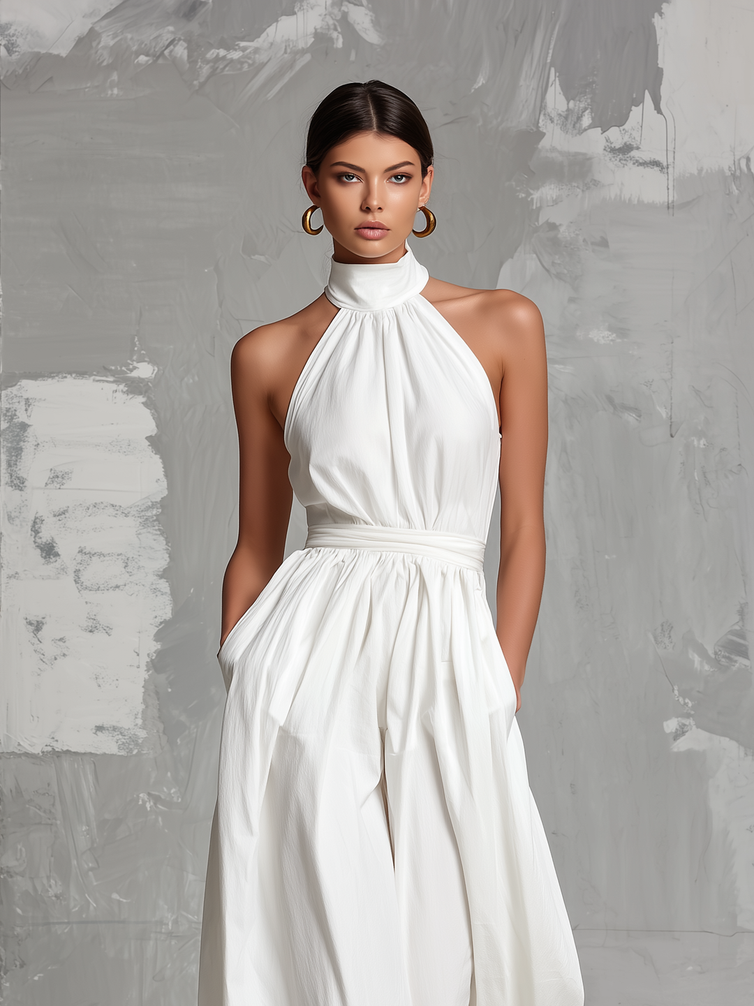 DELPHINE | ELEGANT HALTER-NECK WOVEN JUMPSUIT