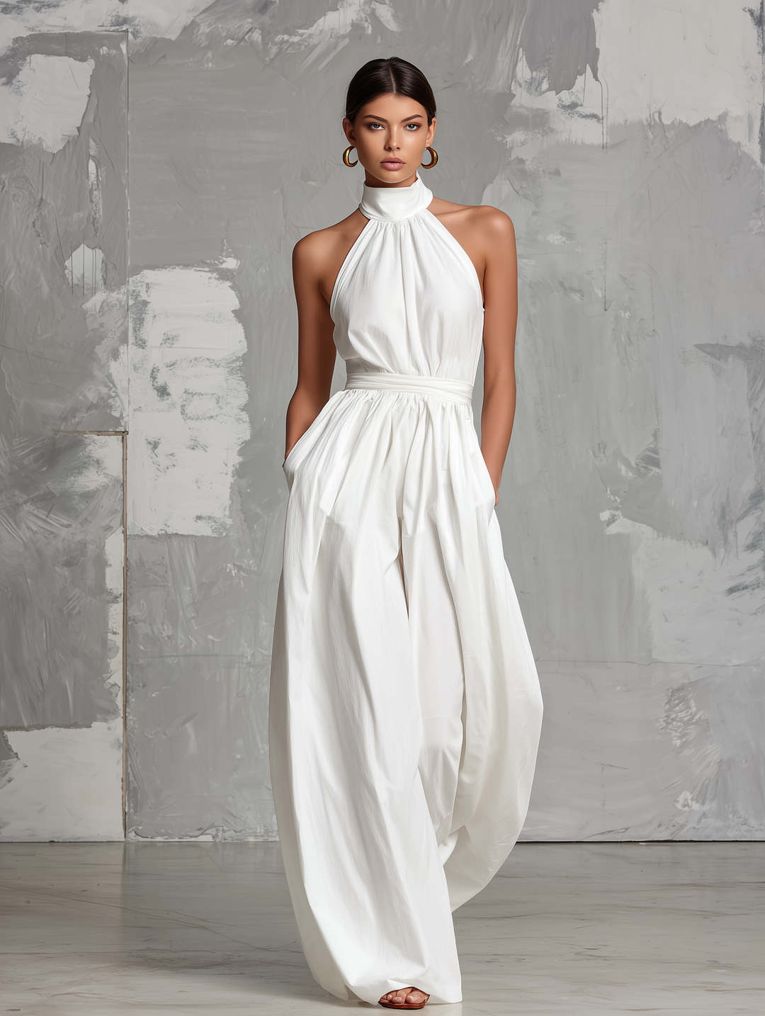 DELPHINE | ELEGANT HALTER-NECK WOVEN JUMPSUIT